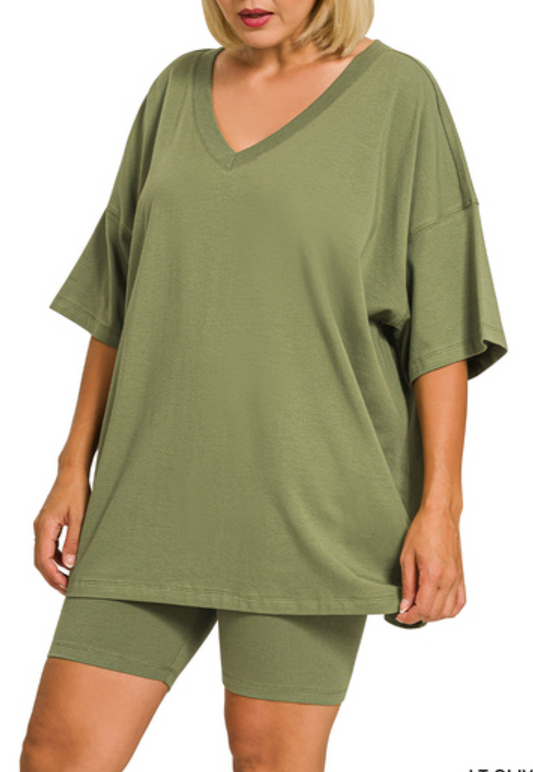 COTTON V-NECK TOP AND BIKE SHORTS SET