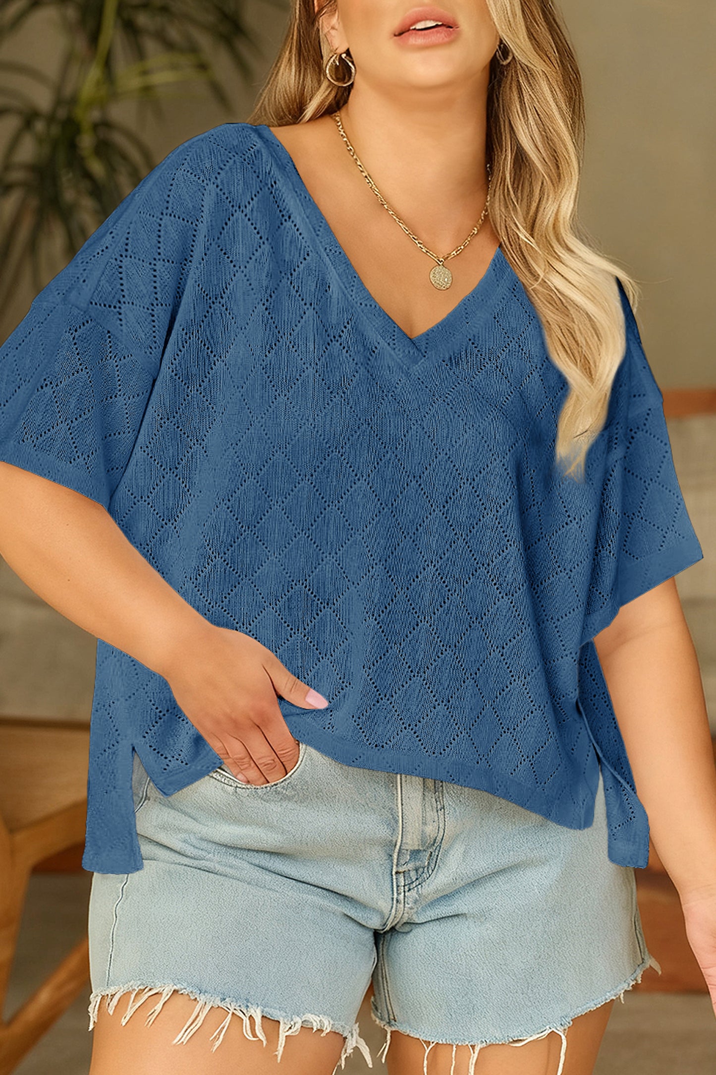 Pointelle Rhombus Knit V Neck Loose Top