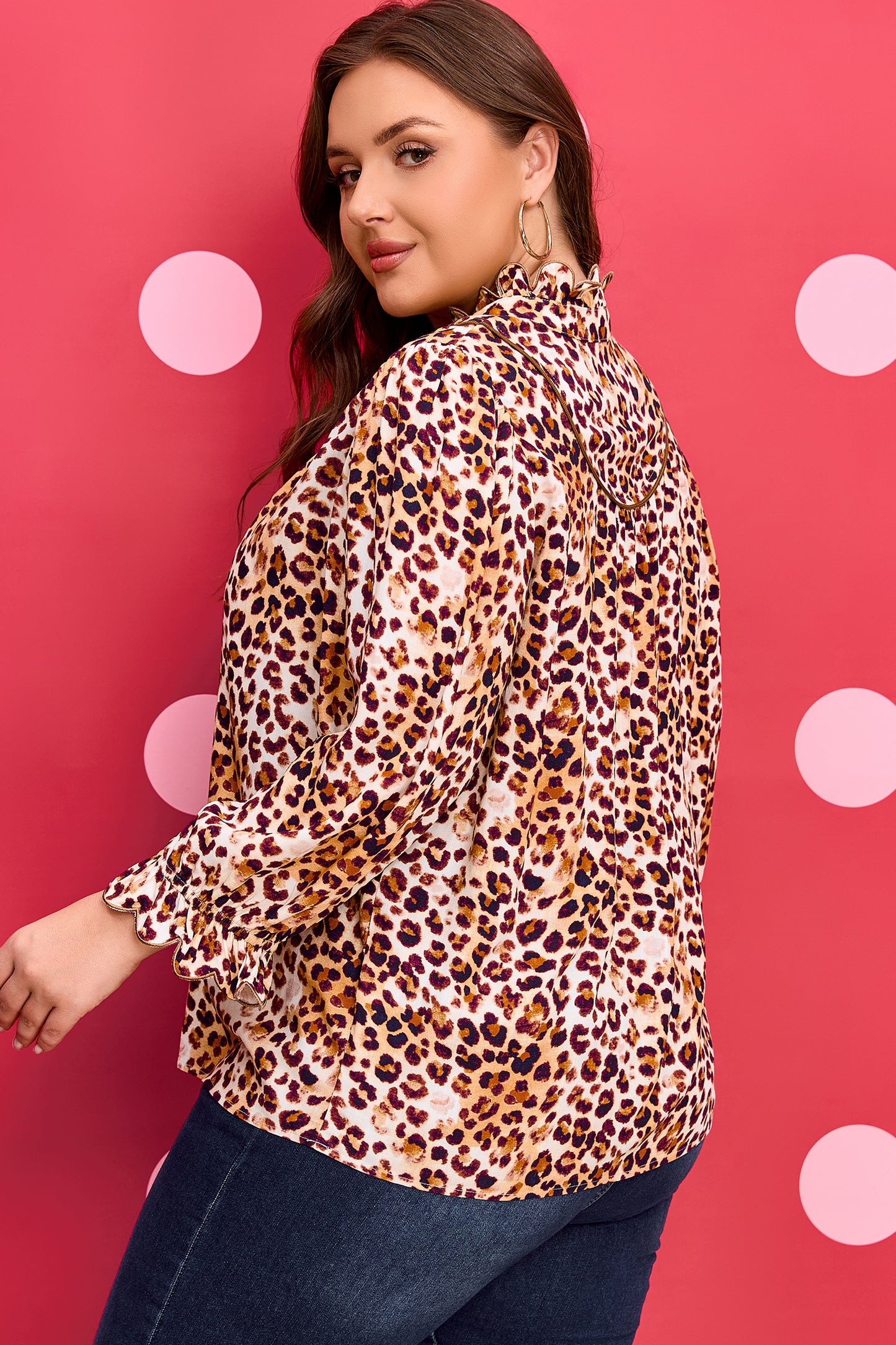 Leopard Frilled Stand Neck Blouse