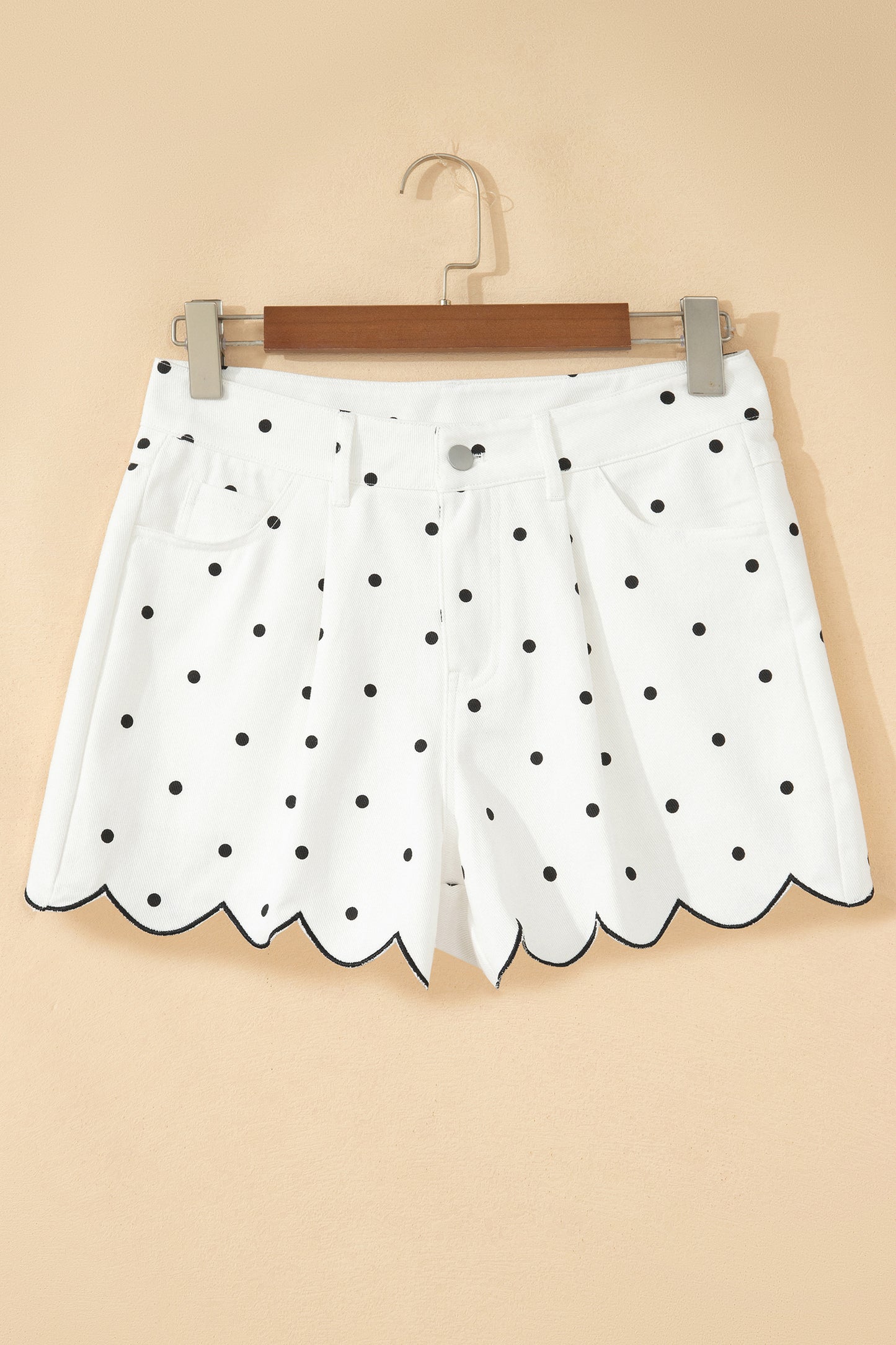 White Polka Dot Embroidered Scallop Hem Shorts