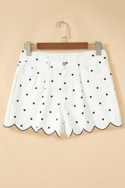 White Polka Dot Embroidered Scallop Hem Shorts