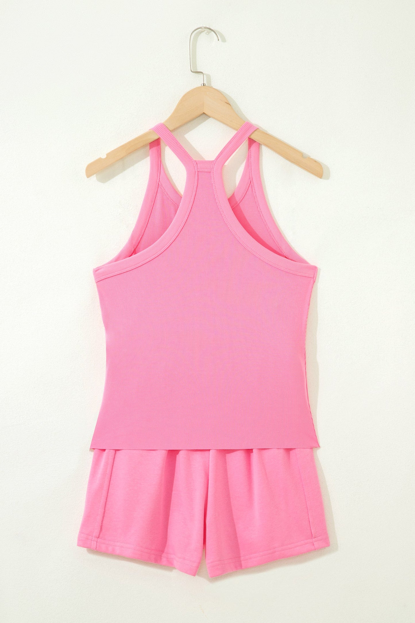 Pink Tank Top Elastic High Waist Shorts 2pcs Outfit