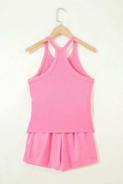 Pink Tank Top Elastic High Waist Shorts 2pcs Outfit