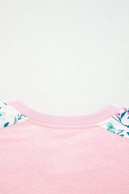 White Floral Colorblock Patchwork Notched Neck Long Sleeve Top