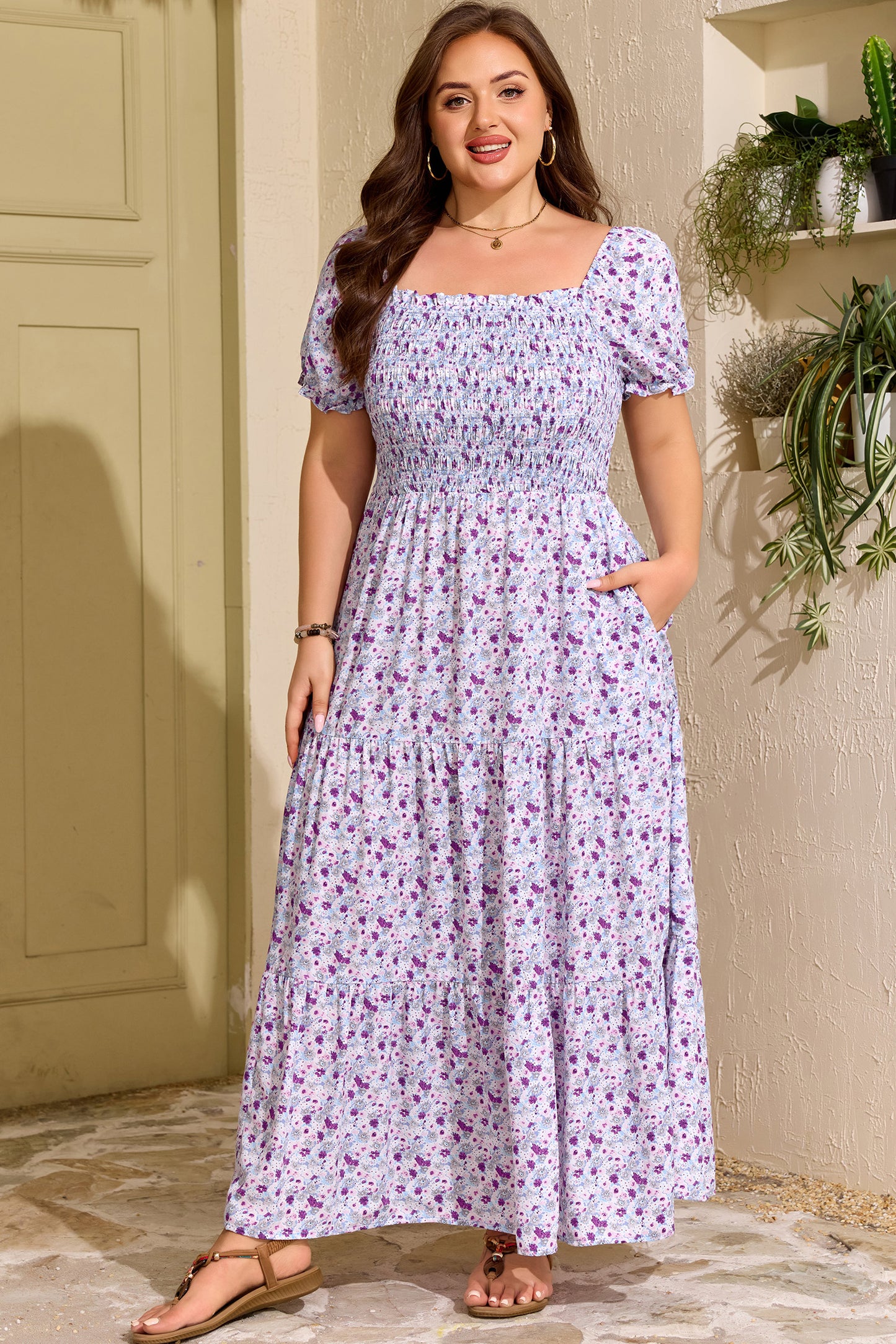Purple Floral Print Smocked Maxi Dress