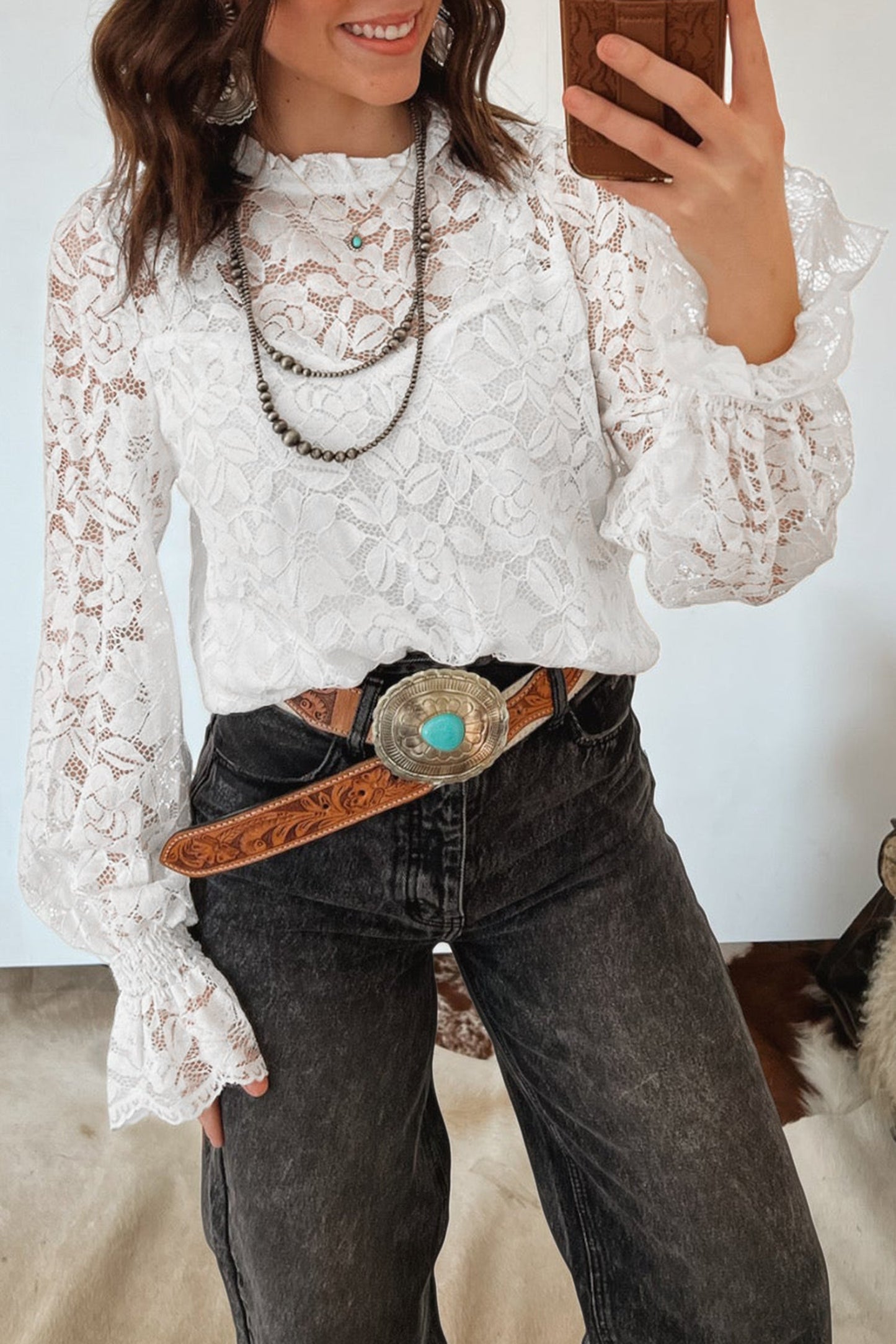 White Ruffled Neck Sheer Lace Blouse