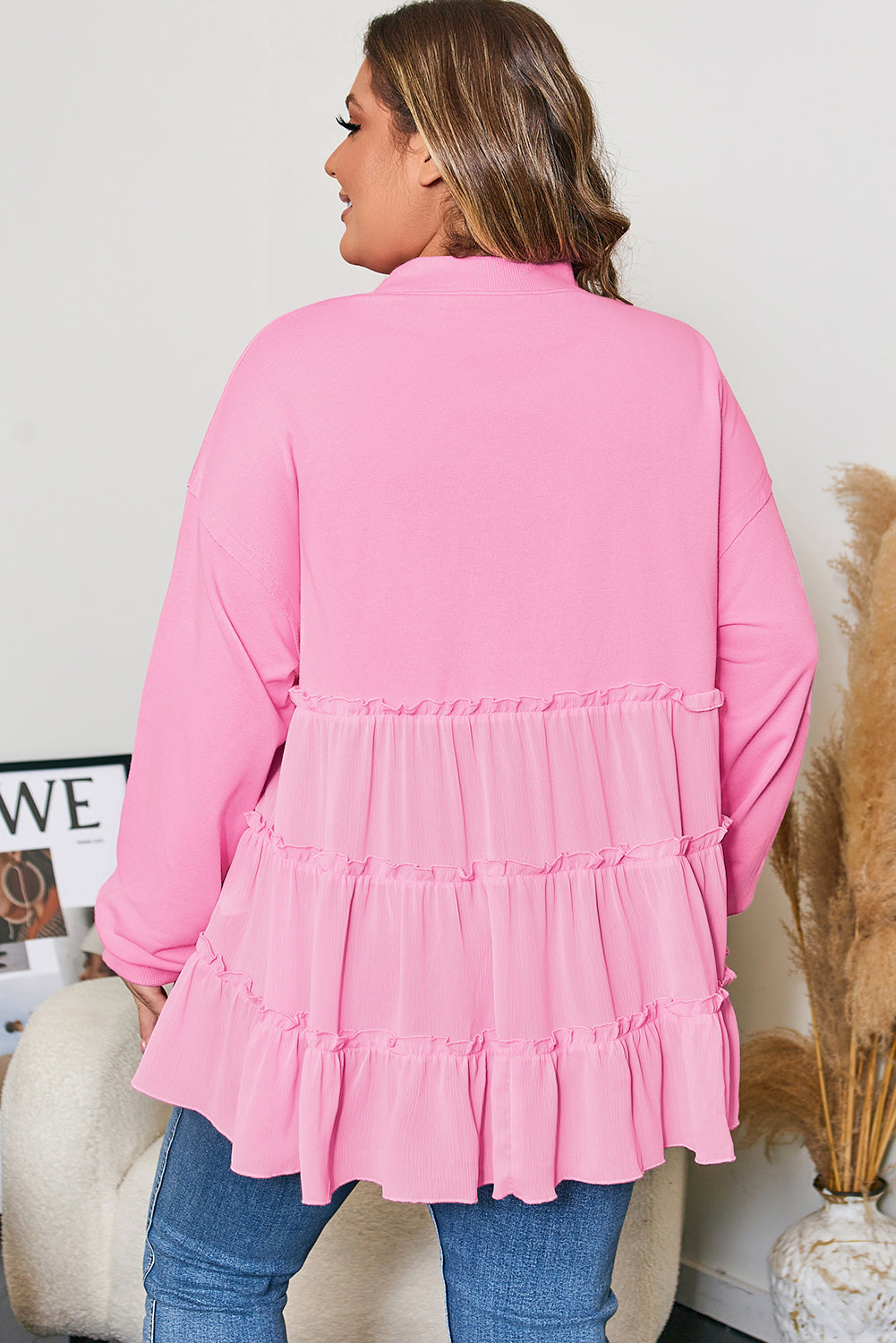 Tiered Ruffle Ribbed Crew Neck Top