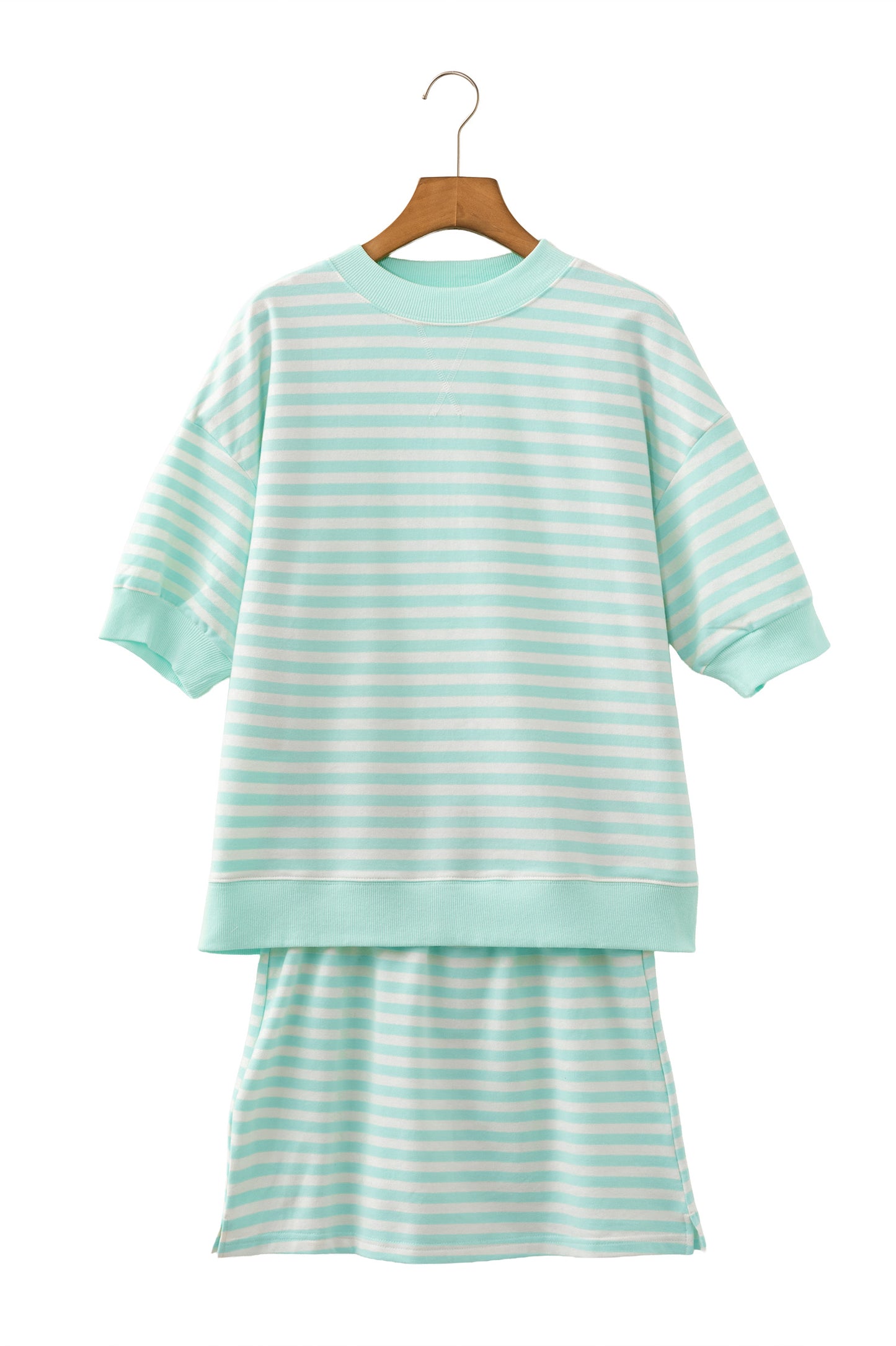 2pcs Stripe Ribbed Half Sleeve Top & Mini Skort