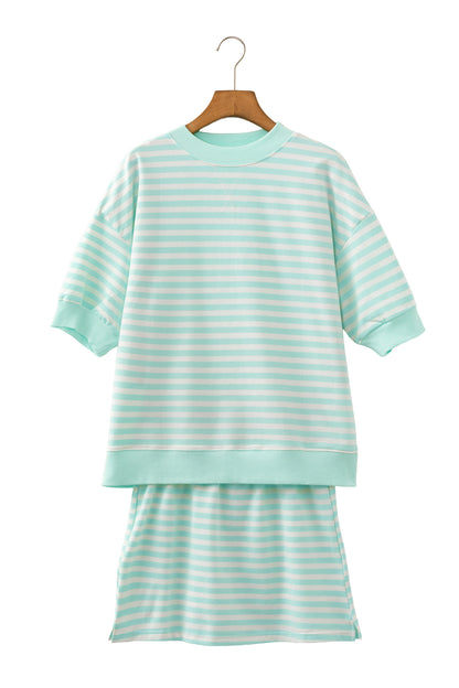 2pcs Stripe Ribbed Half Sleeve Top & Mini Skort