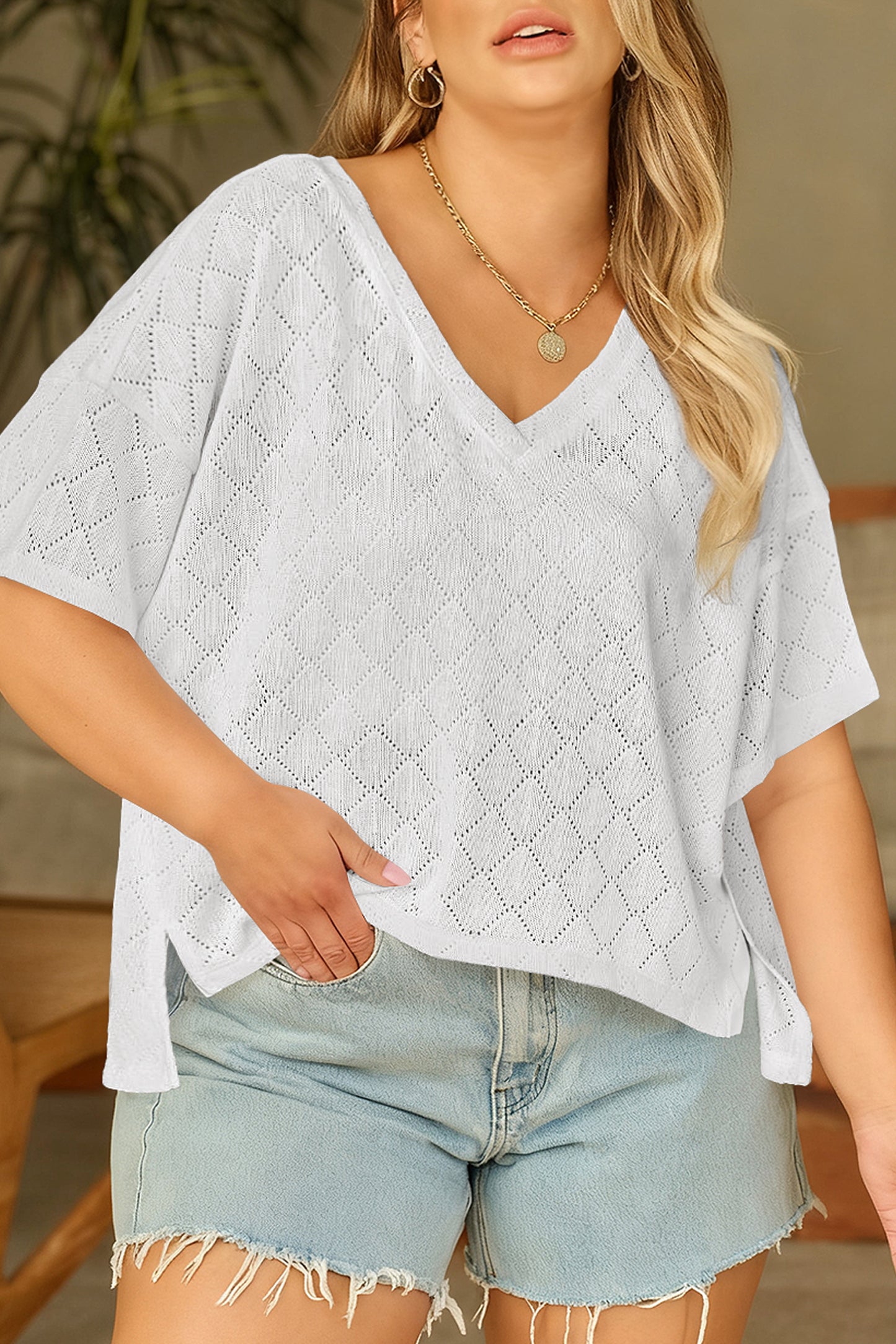 Pointelle Rhombus Knit V Neck Loose Top