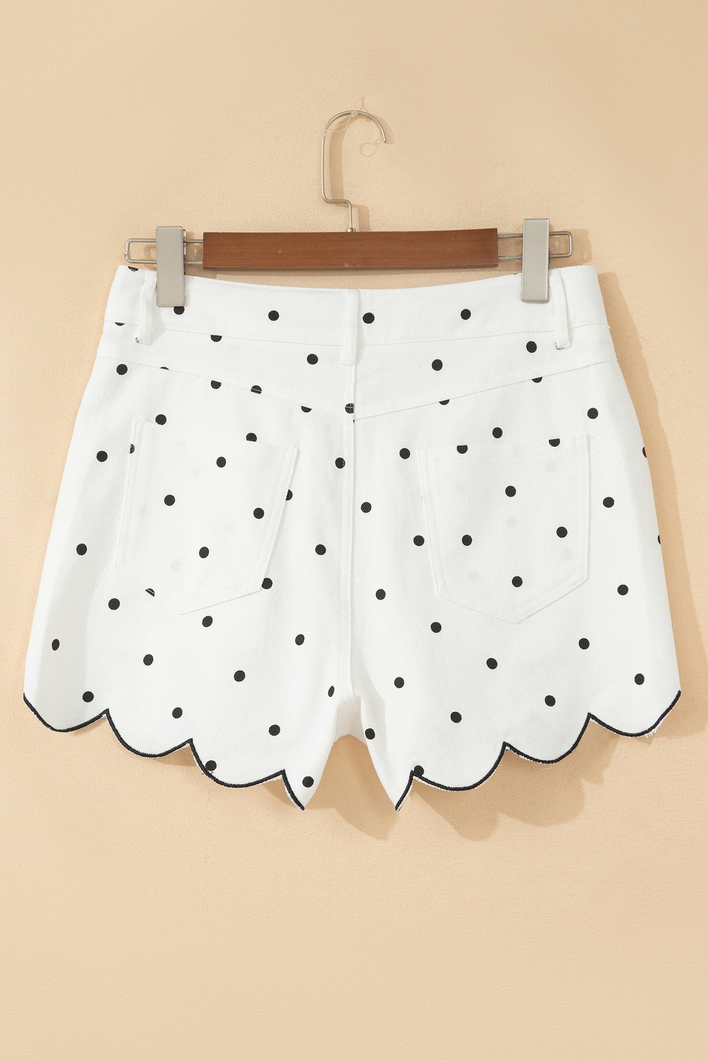 White Polka Dot Embroidered Scallop Hem Shorts