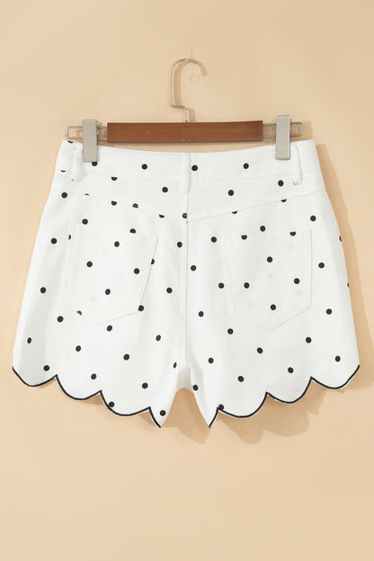 White Polka Dot Embroidered Scallop Hem Shorts