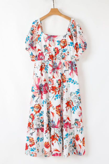 Floral Puff Sleeve Flowy Midi Dress