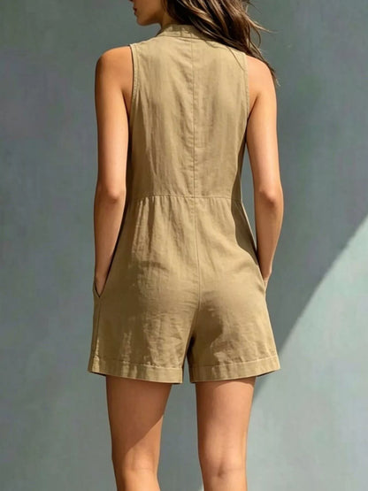 Sleeveless Button-Front Romper with Pockets