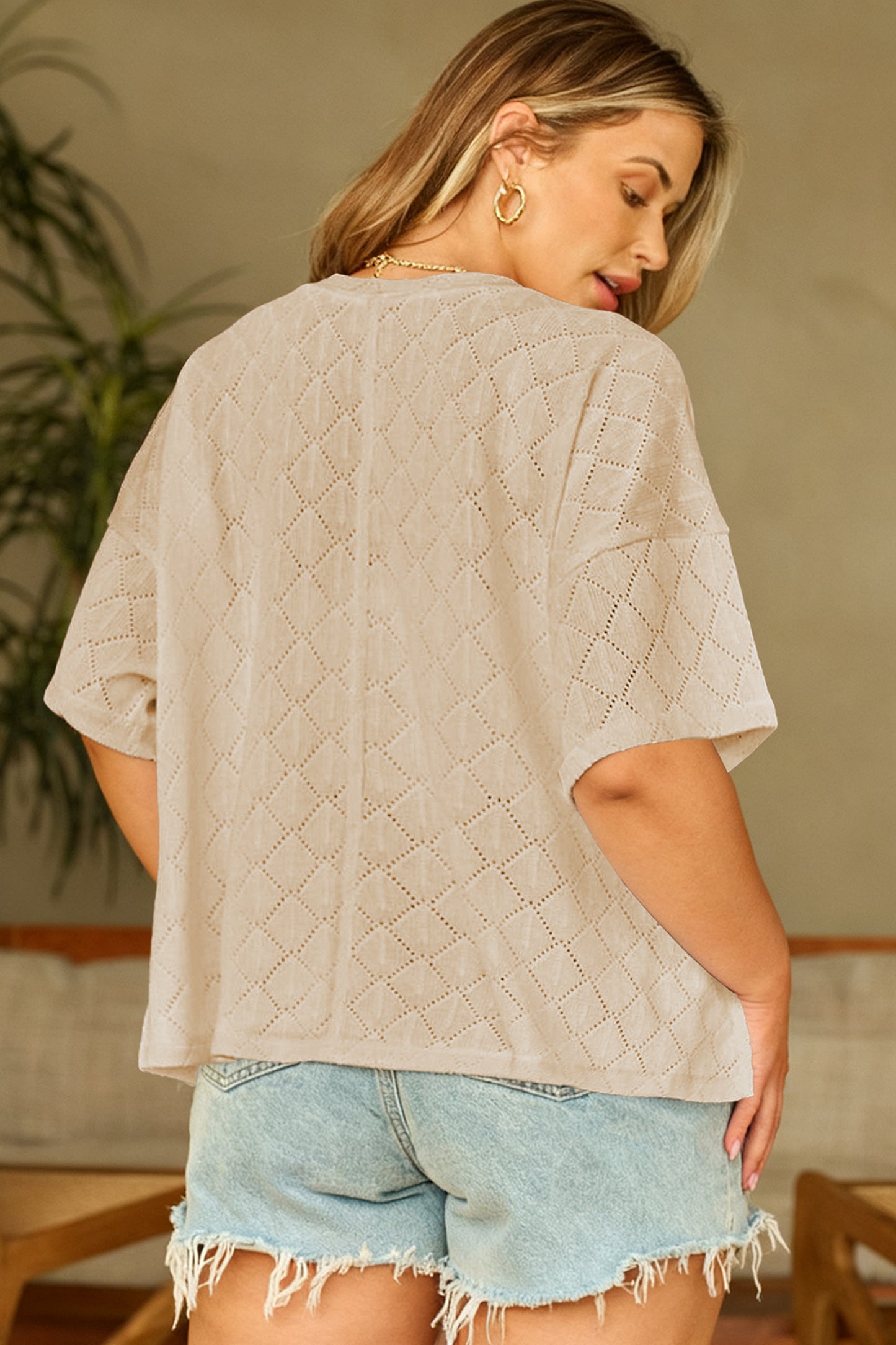 Pointelle Rhombus Knit V Neck Loose Top