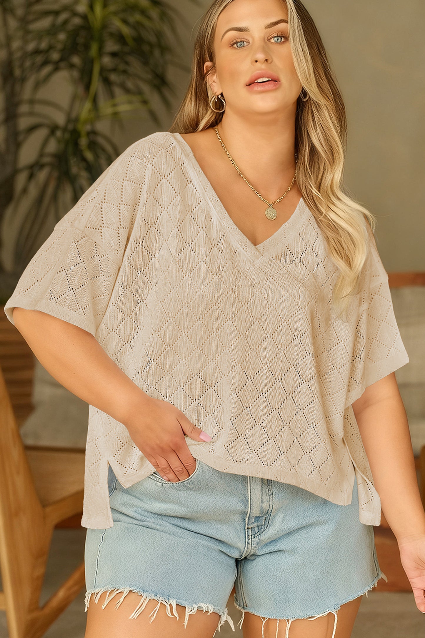 Pointelle Rhombus Knit V Neck Loose Top