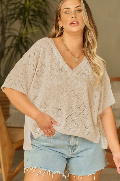 Pointelle Rhombus Knit V Neck Loose Top
