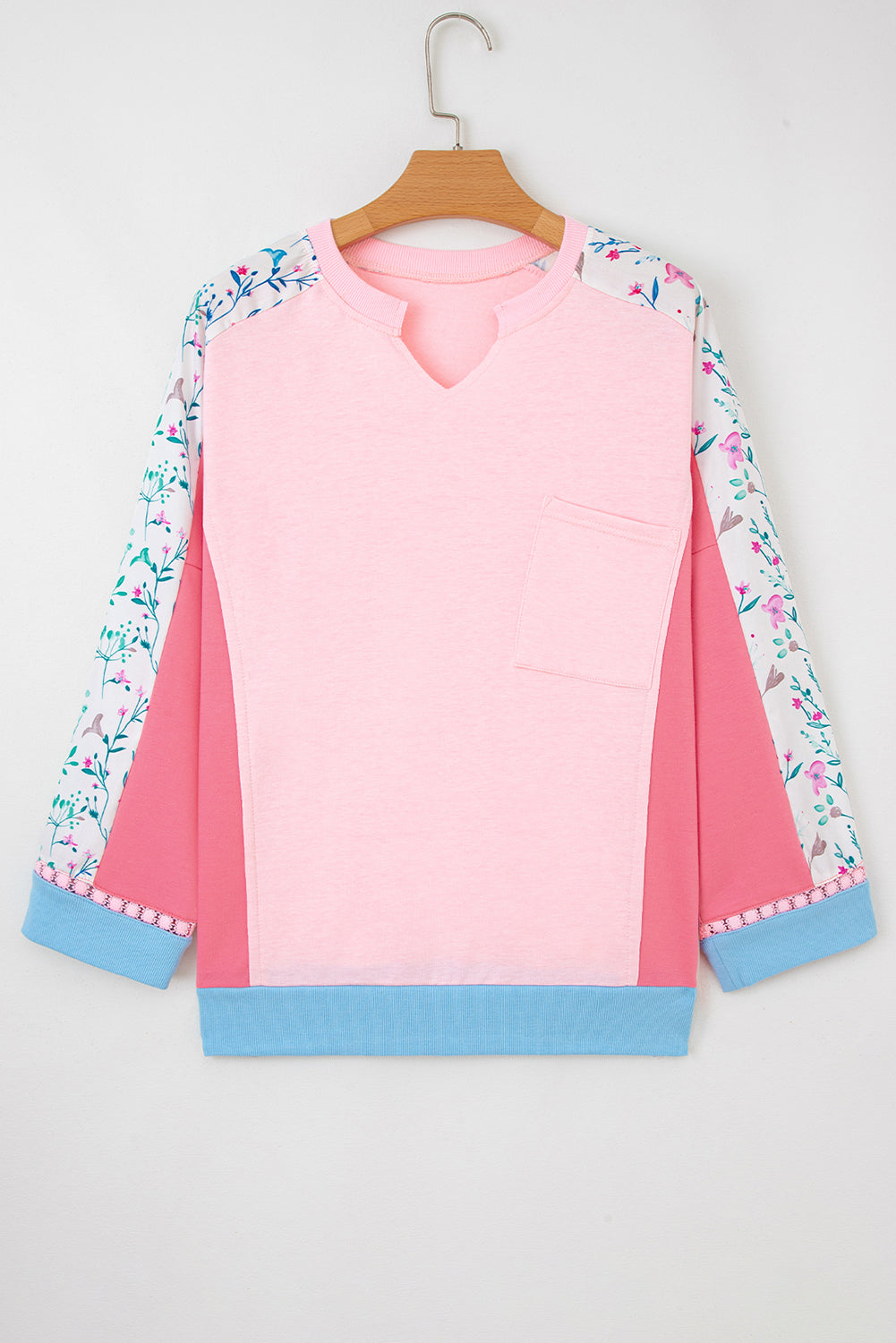 White Floral Colorblock Patchwork Notched Neck Long Sleeve Top