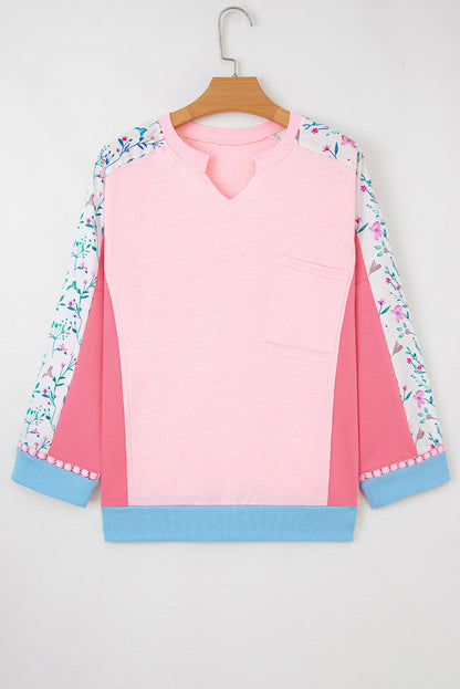 White Floral Colorblock Patchwork Notched Neck Long Sleeve Top