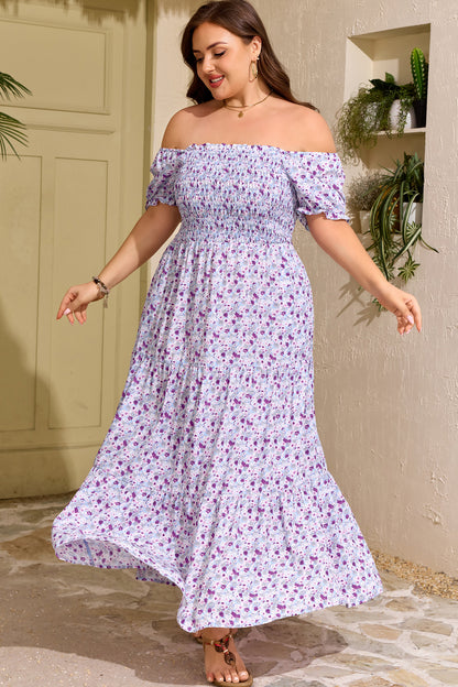 Purple Floral Print Smocked Maxi Dress