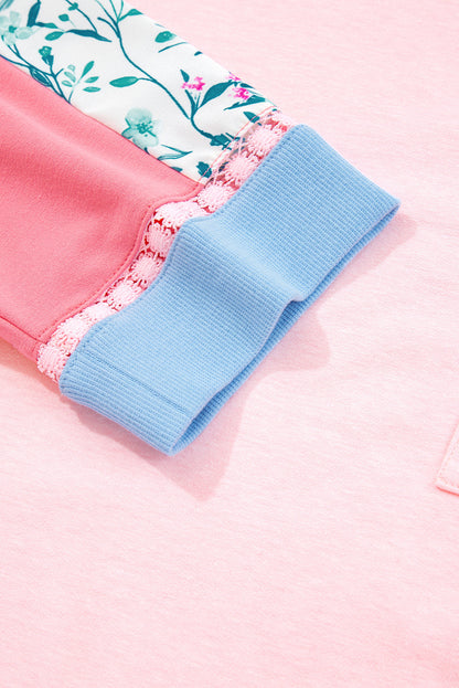 White Floral Colorblock Patchwork Notched Neck Long Sleeve Top