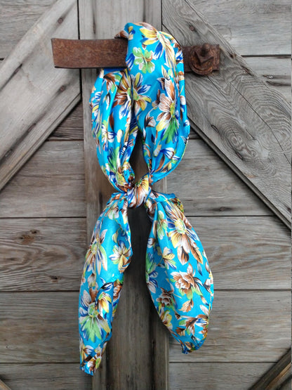 100% Silk Bandana Bright Blue Wild Daisy Floral Print