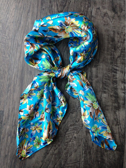 100% Silk Bandana Bright Blue Wild Daisy Floral Print
