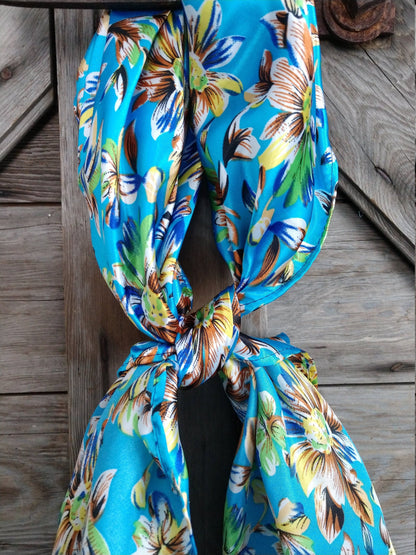 100% Silk Bandana Bright Blue Wild Daisy Floral Print