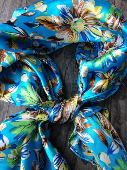 100% Silk Bandana Bright Blue Wild Daisy Floral Print