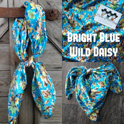100% Silk Bandana Bright Blue Wild Daisy Floral Print