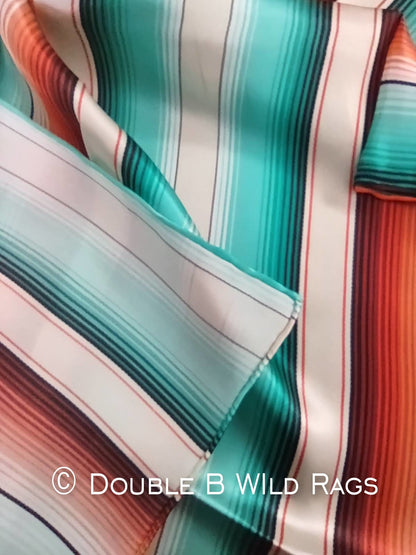 100% Silk Bandana Serape Coral Orange and Turquois