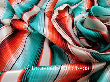 100% Silk Bandana Serape Coral Orange and Turquois