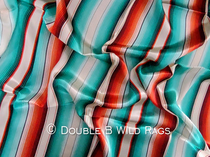 100% Silk Bandana Serape Coral Orange and Turquois