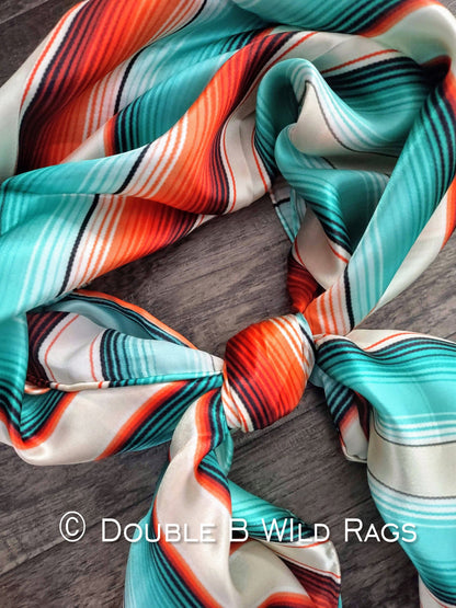 100% Silk Bandana Serape Coral Orange and Turquois