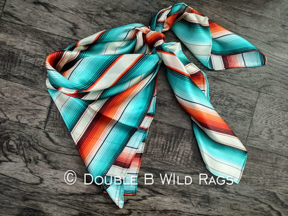 100% Silk Bandana Serape Coral Orange and Turquois