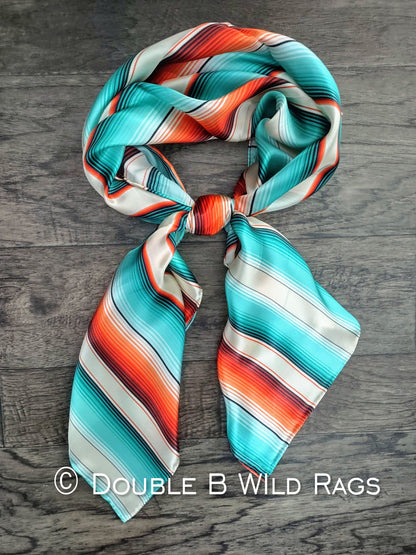 100% Silk Bandana Serape Coral Orange and Turquois