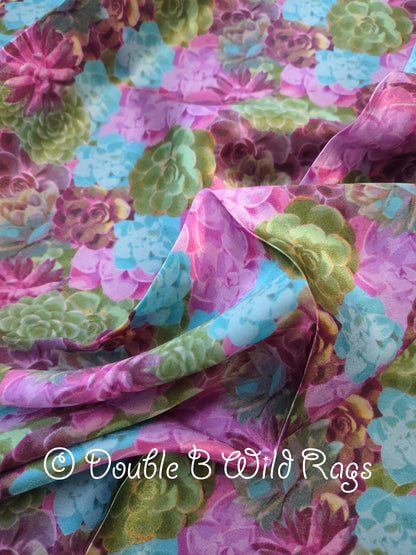 100% Silk Bandana SUCCULENTS Green, Purple, Turquoise