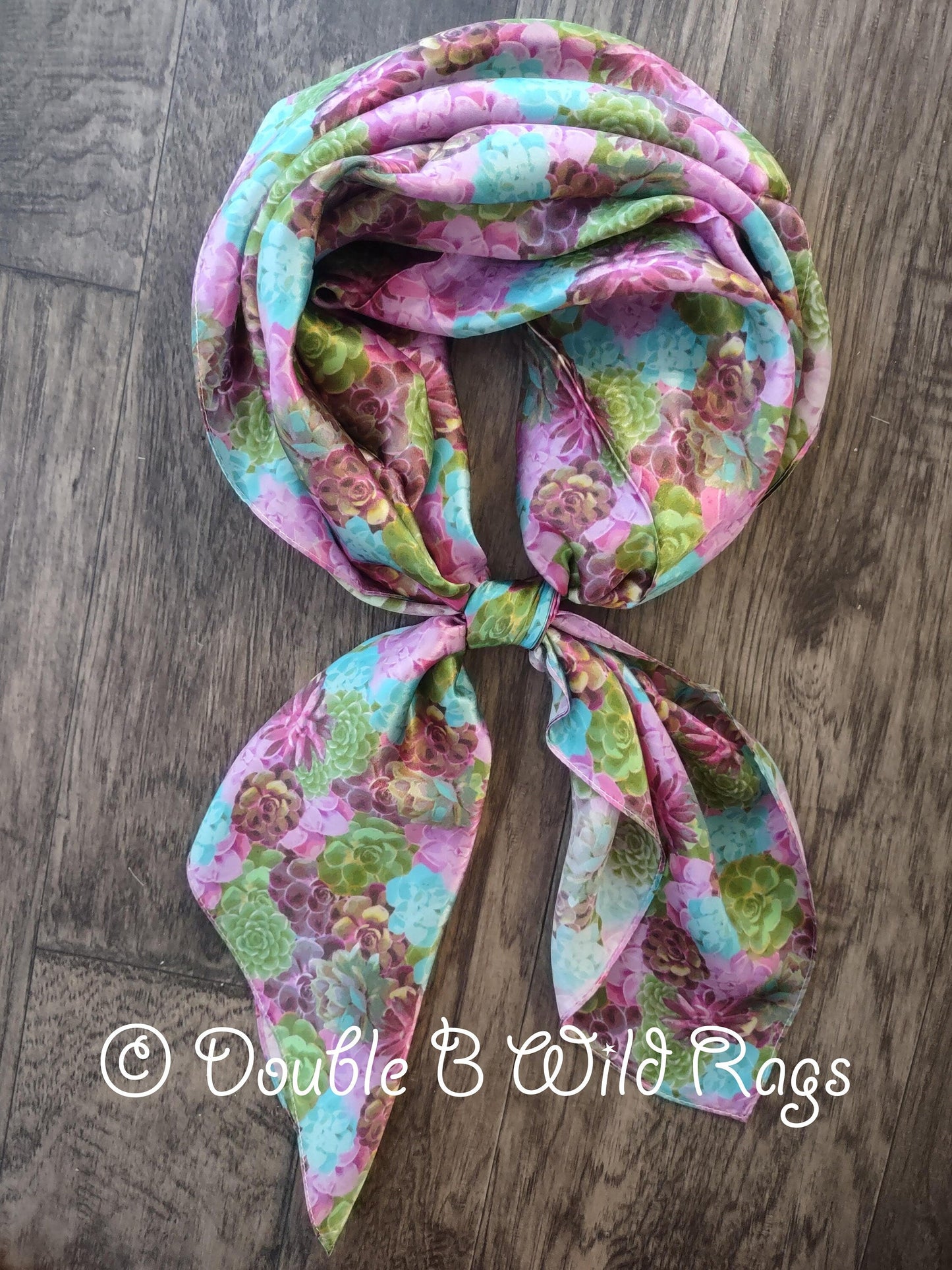 100% Silk Bandana SUCCULENTS Green, Purple, Turquoise