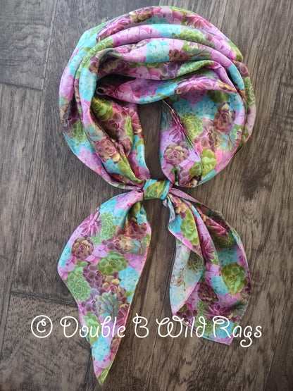 100% Silk Bandana SUCCULENTS Green, Purple, Turquoise
