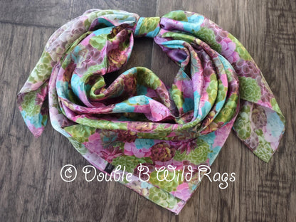 100% Silk Bandana SUCCULENTS Green, Purple, Turquoise