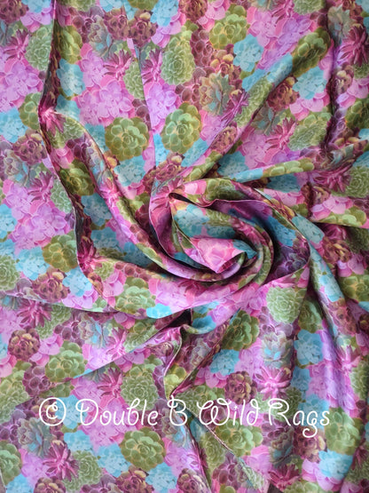 100% Silk Bandana SUCCULENTS Green, Purple, Turquoise