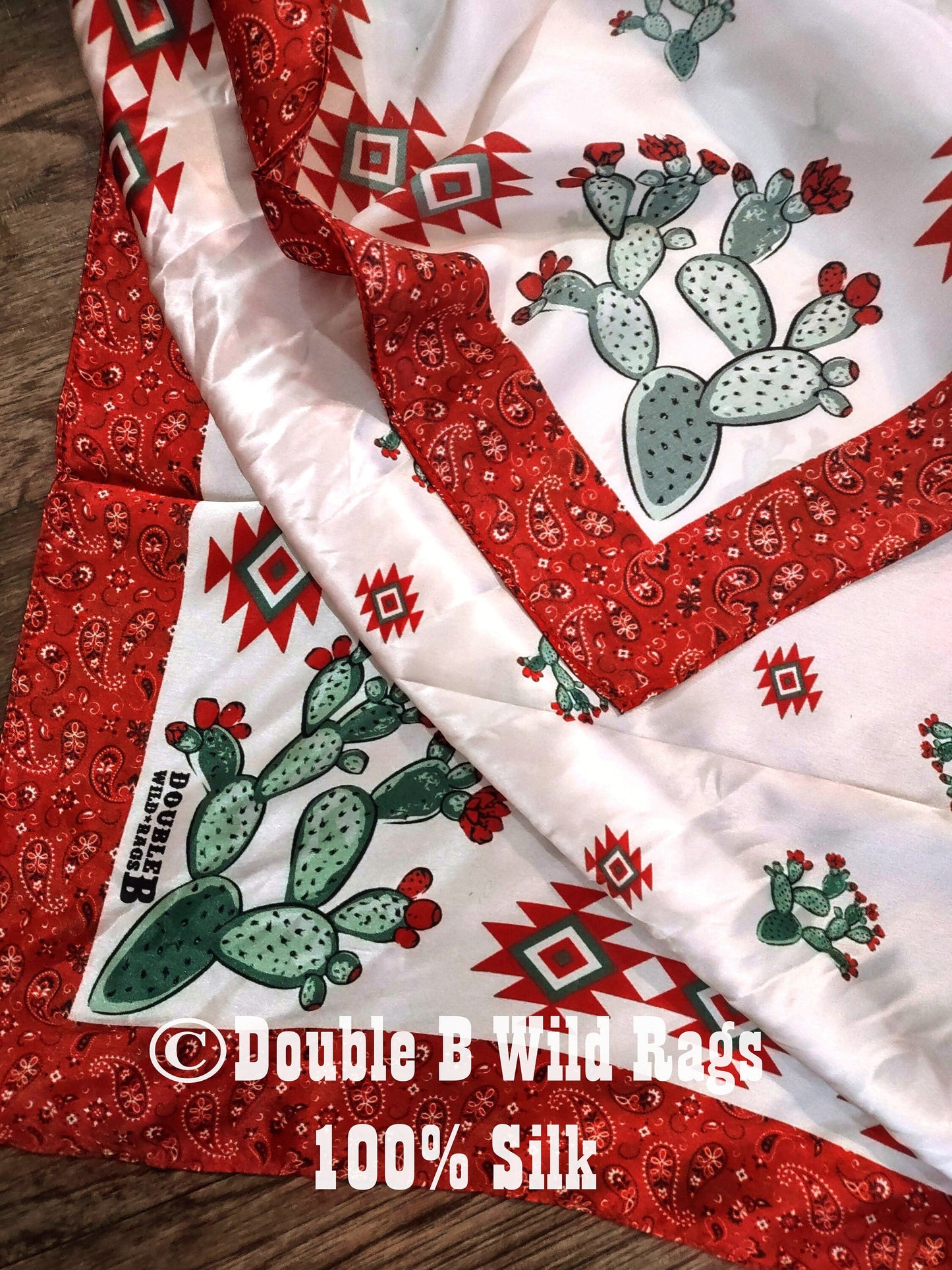 100% Silk Bandana Cactus with Red Bandana Border