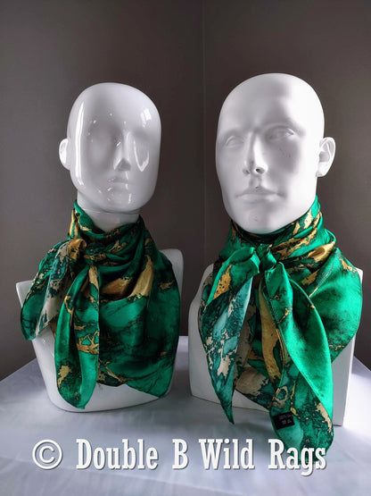 100% Silk Bandana Teal Green and Gold Marble