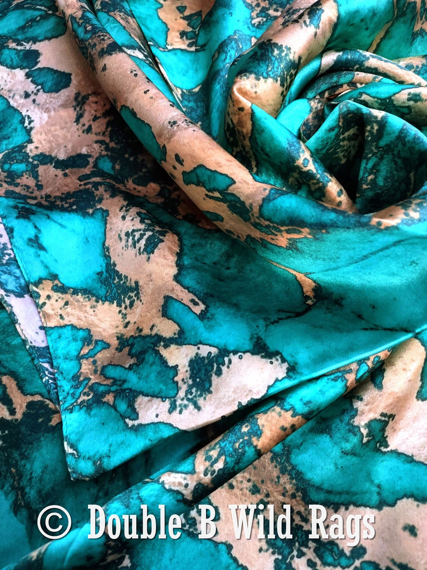 100% Silk Bandana Teal Green and Gold Marble