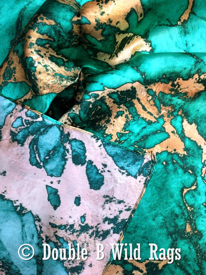 100% Silk Bandana Teal Green and Gold Marble