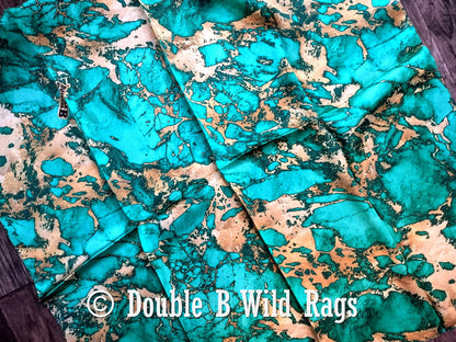 100% Silk Bandana Teal Green and Gold Marble