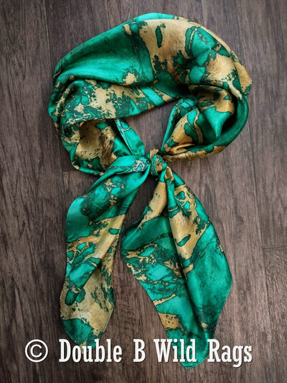 100% Silk Bandana Teal Green and Gold Marble