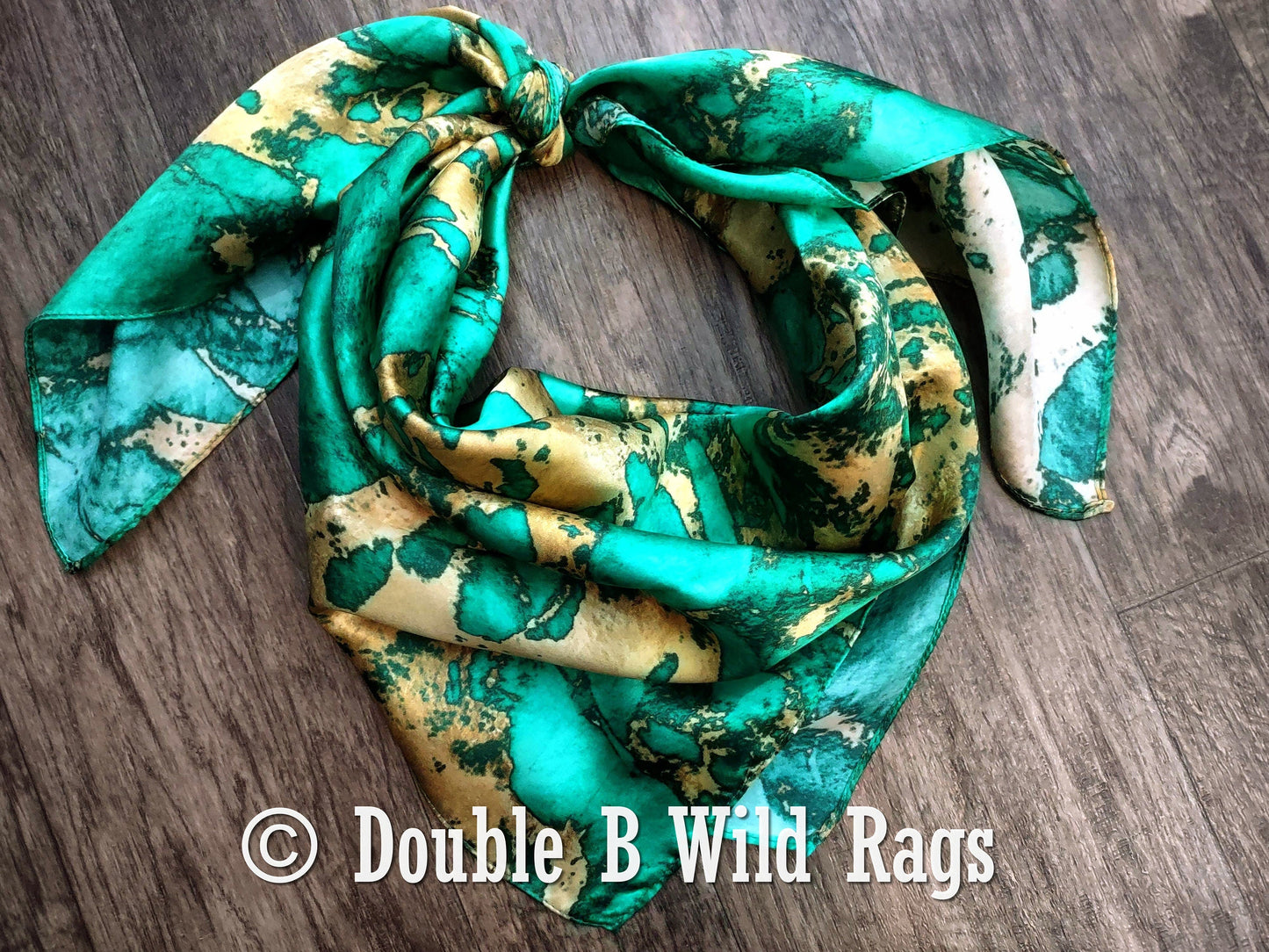 100% Silk Bandana Teal Green and Gold Marble