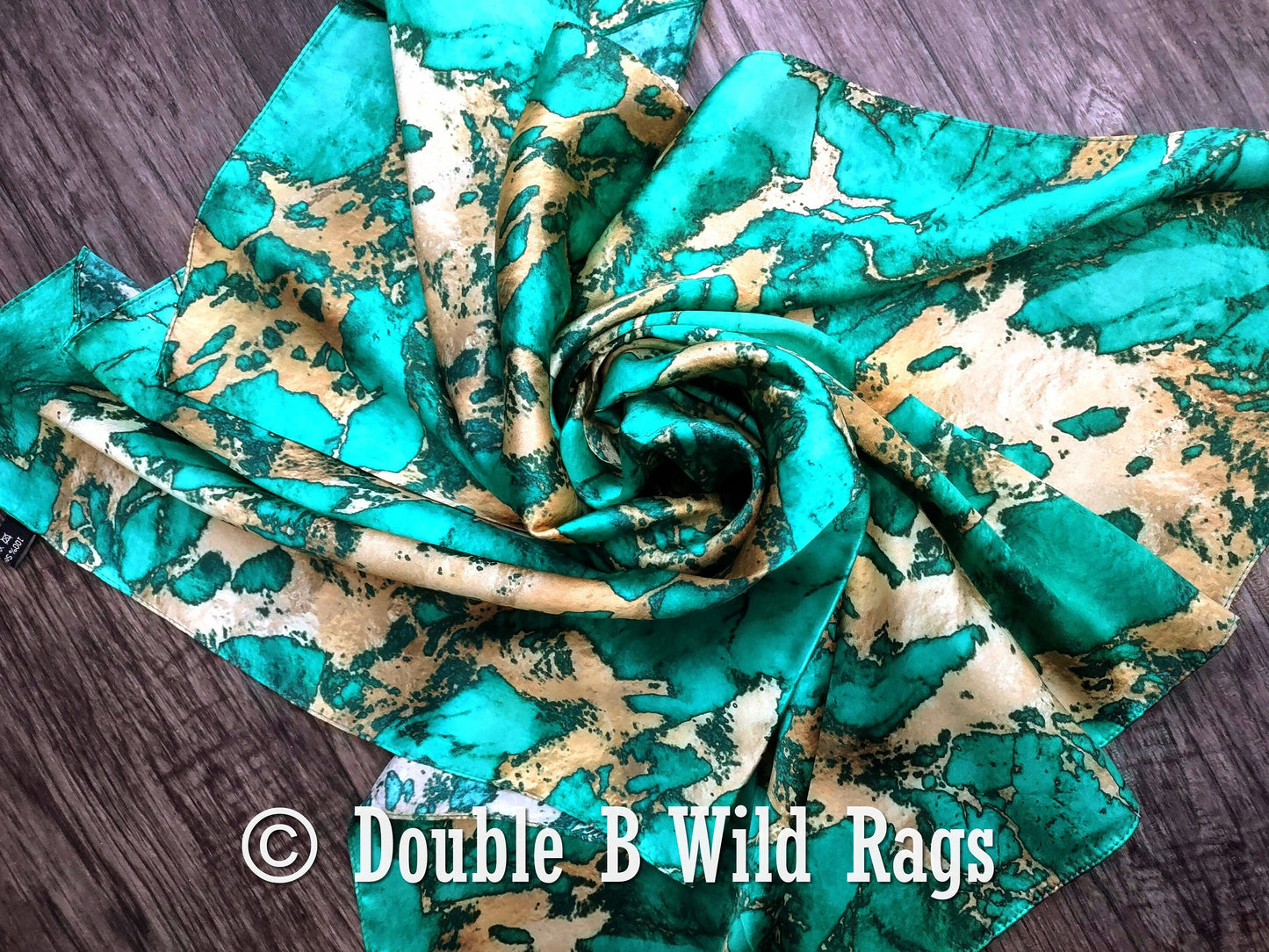 100% Silk Bandana Teal Green and Gold Marble