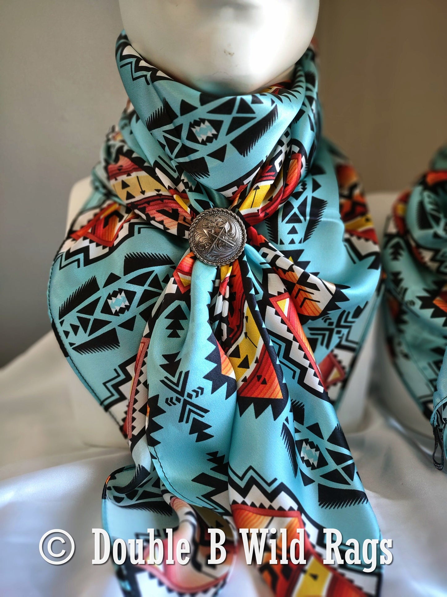 100% Silk Bandana Light Blue with Orange Serape